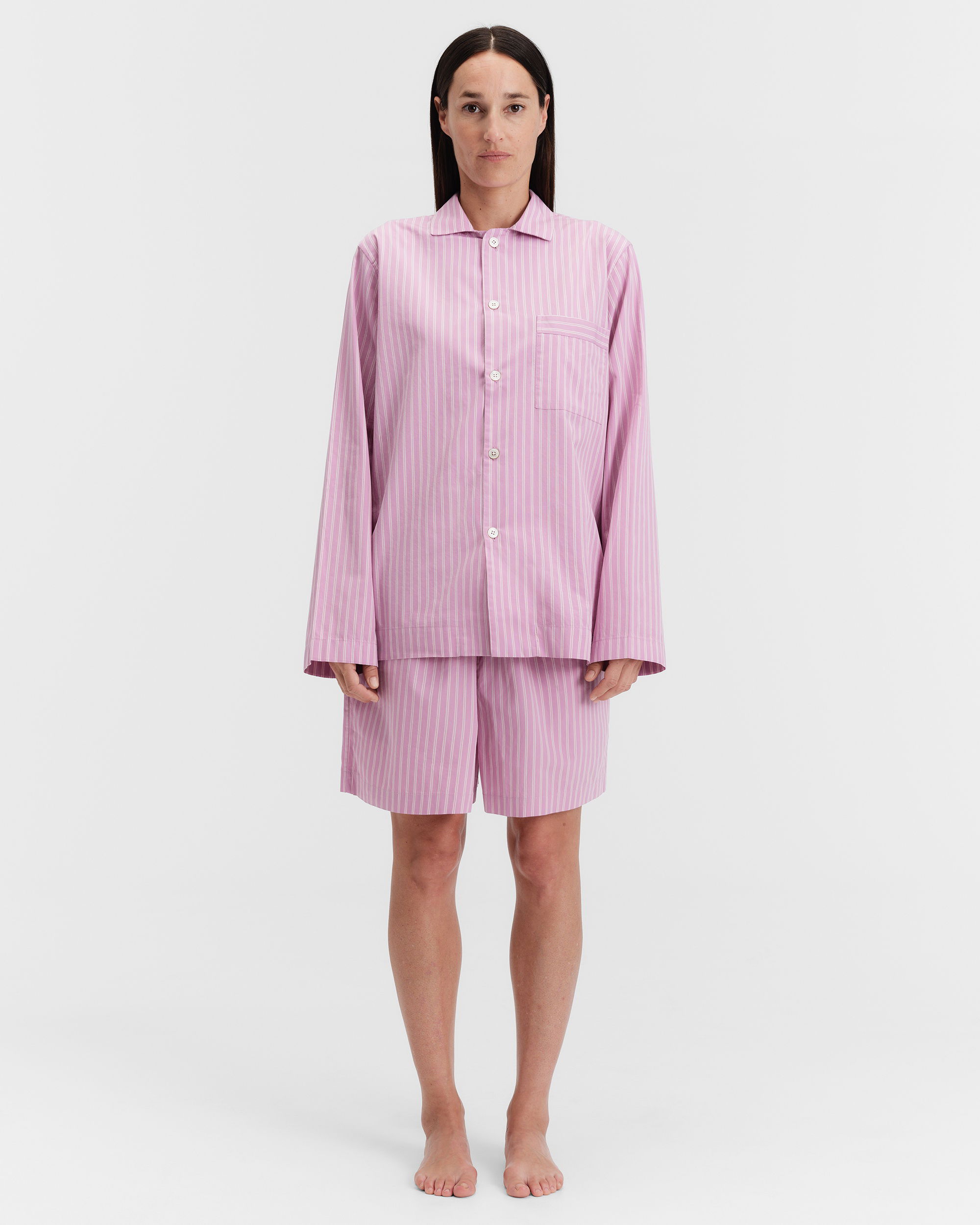 Poplin pyjamas – shorts – Purple Pink Stripes | Tekla Fabrics