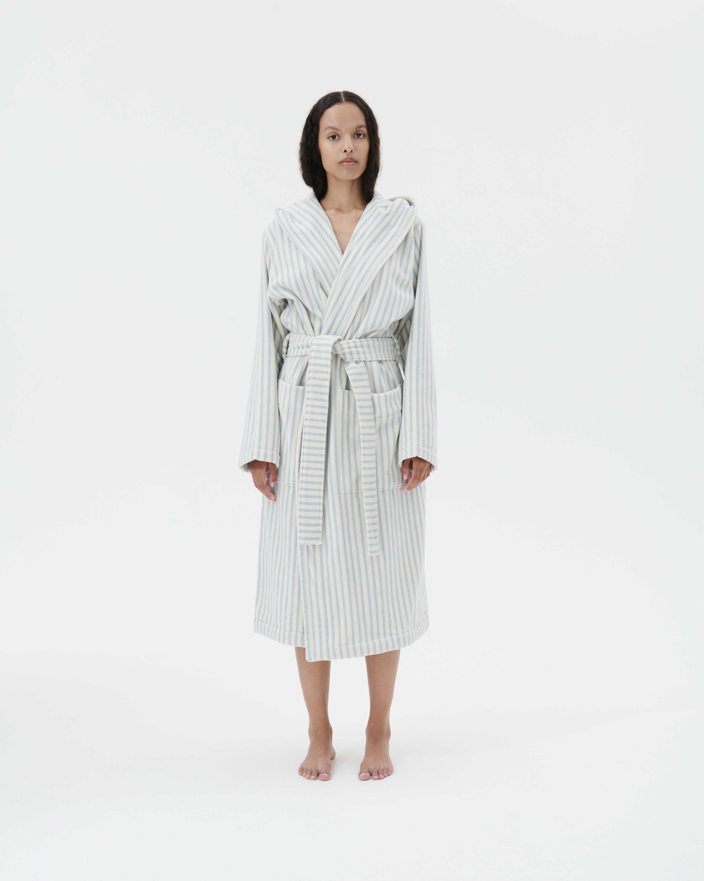 Female - Hooded Bathrobe - Soft Blue Stripes