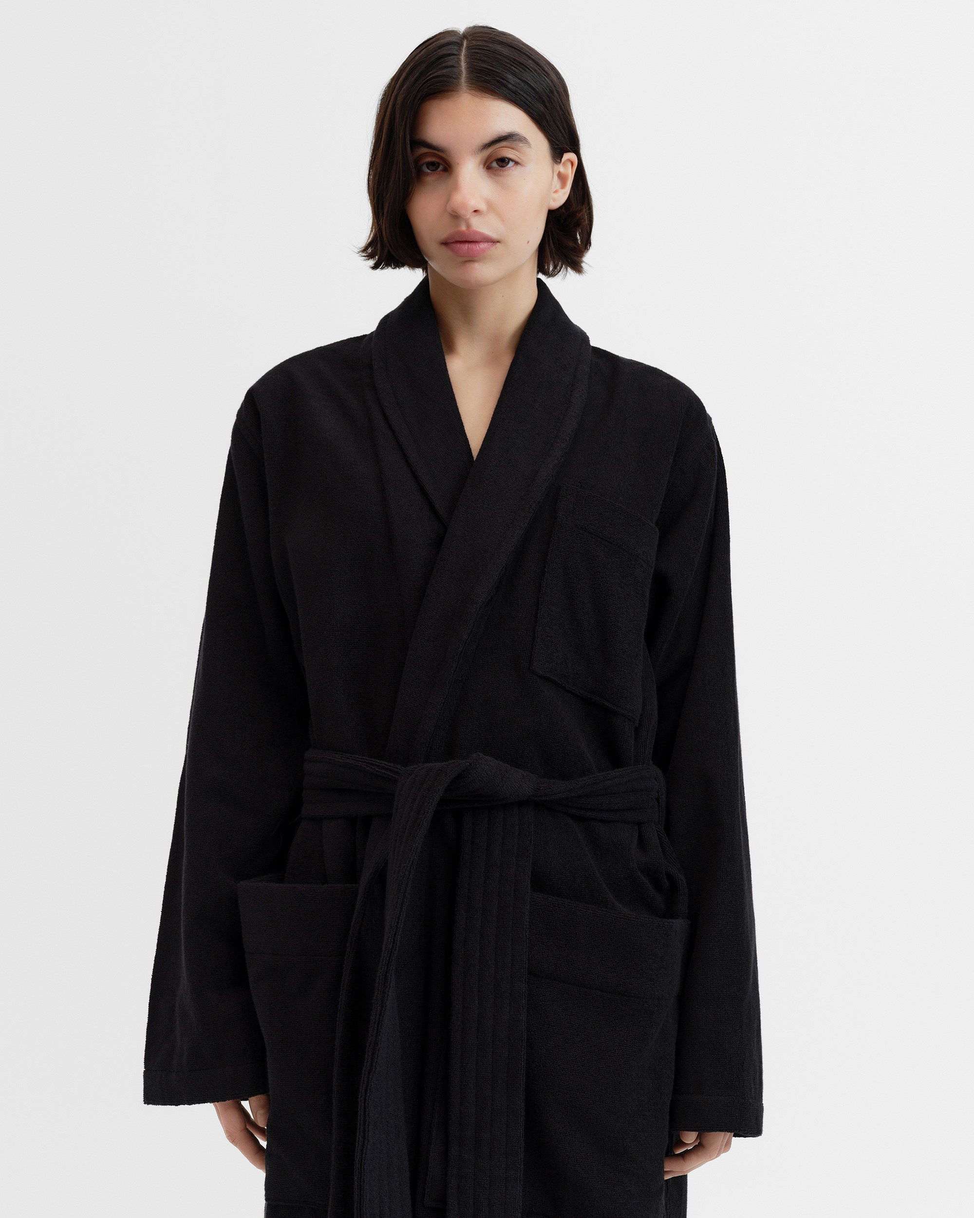 【関税込み】Tekla ブラック＆ホワイト Terry Hooded バスローブ Classic Bathrobe - Solid - Black | Tekla Fabrics