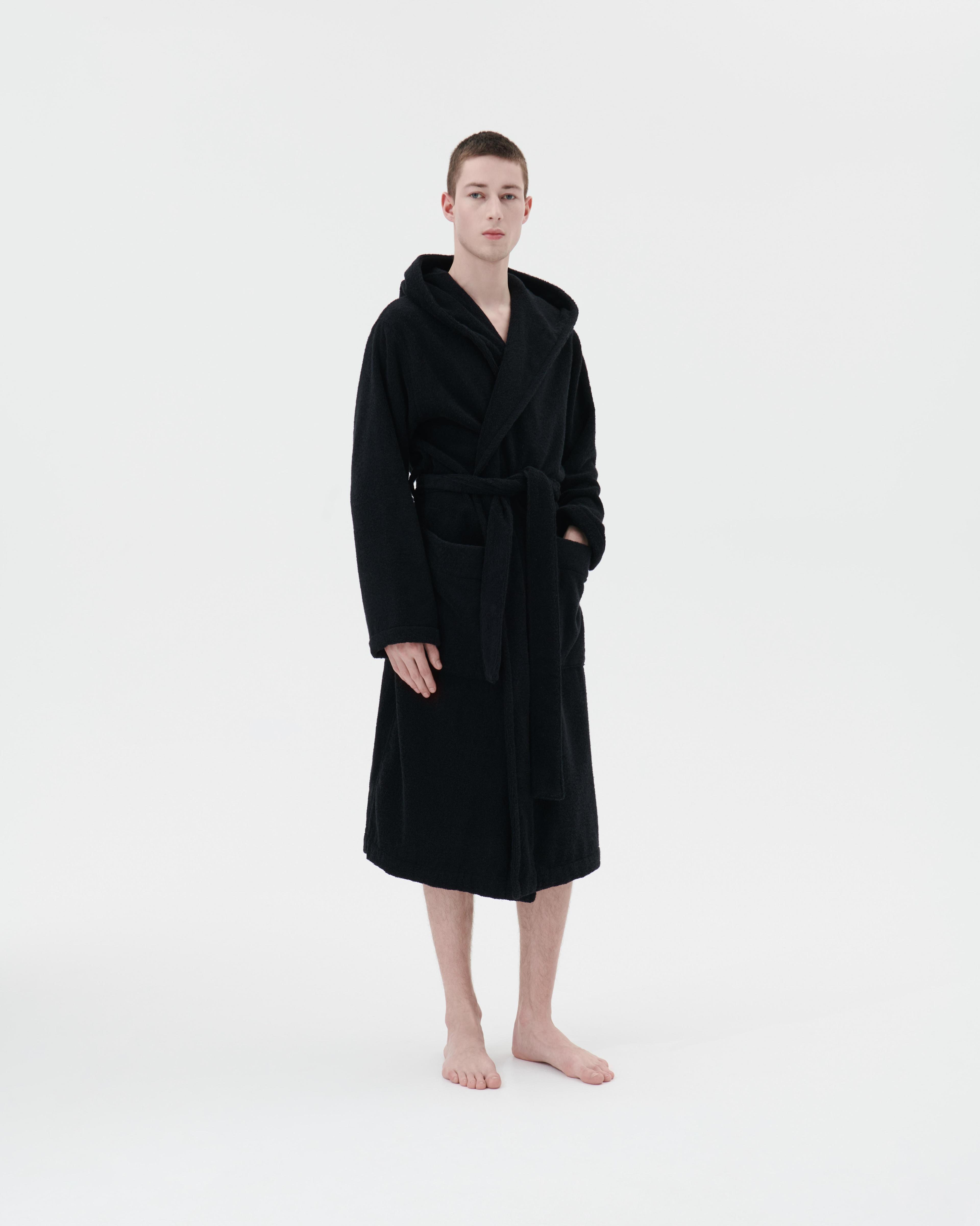 Black hooded bathrobe